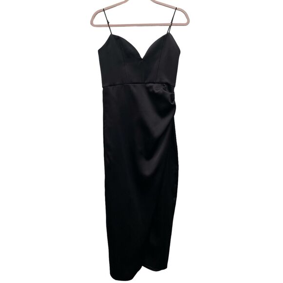 ZARA Black Satin Effect Spaghetti Strap Sweetheart Neckline Ruched Midi Dress M - Picture 1 of 12